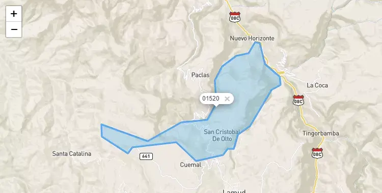 Mapa de la zona del código postal 01520 en San Cristobal, Amazonas