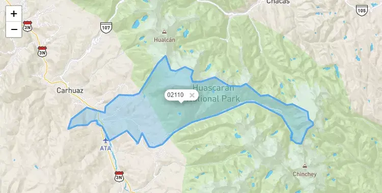 Mapa de la zona del código postal 02110 en Marcara, Ancash