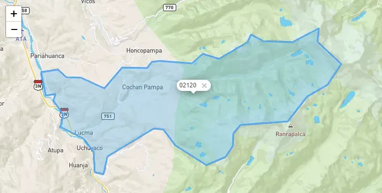 Mapa de la zona del código postal 02120 en Tarica, Ancash