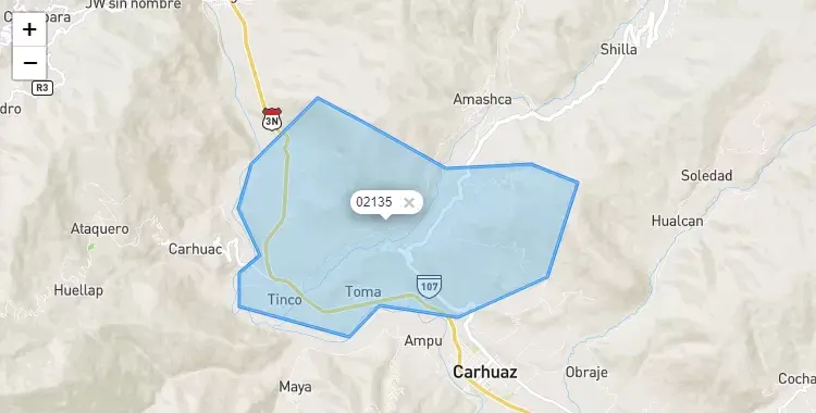 Mapa de la zona del código postal 02135 en Tinco, Ancash