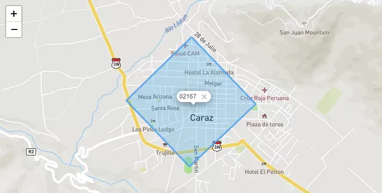 Mapa de la zona del código postal 02167 en Caraz, Ancash
