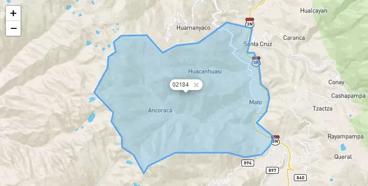 Mapa de la zona del código postal 02184 en Mato, Ancash