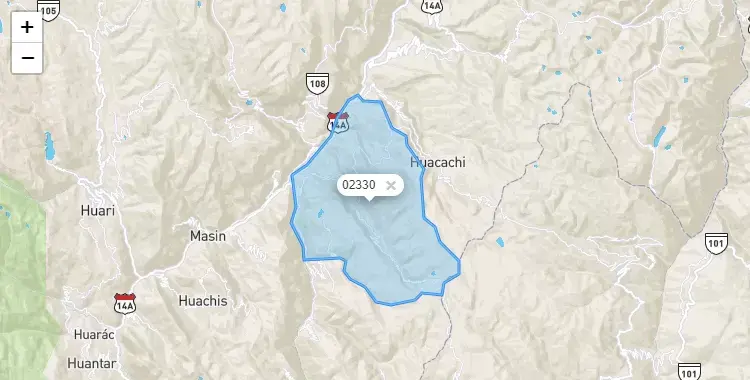 Mapa de la zona del código postal 02330 en Ponto, Ancash