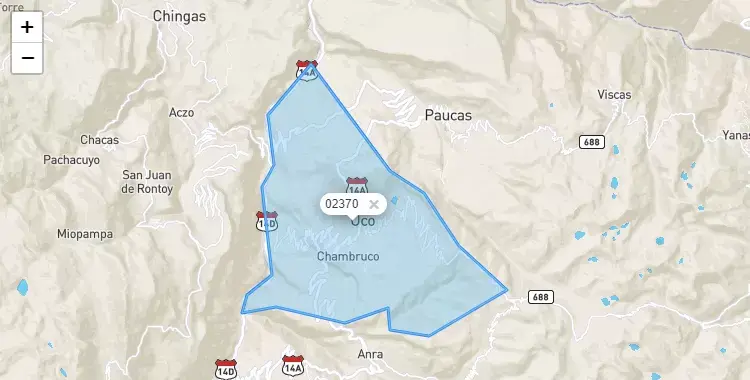 Mapa de la zona del código postal 02370 en Uco, Ancash