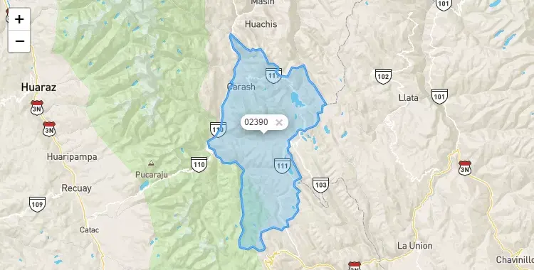 Mapa de la zona del código postal 02390 en San Marcos, Ancash
