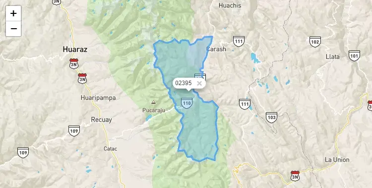 Mapa de la zona del código postal 02395 en Chavín de Huantar, Ancash