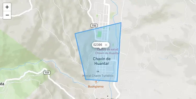 Mapa de la zona del código postal 02396 en Chavín de Huantar, Ancash