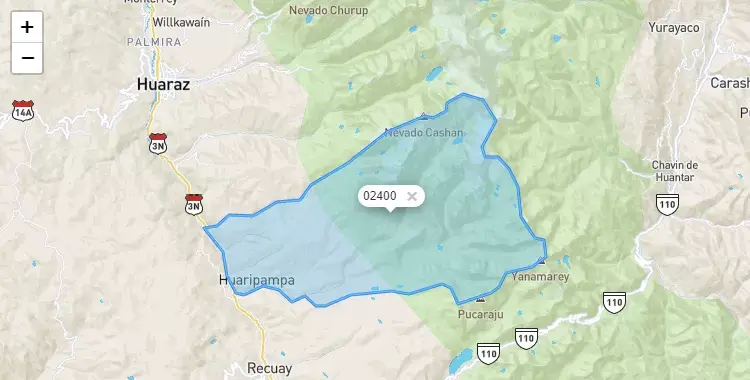 Mapa de la zona del código postal 02400 en Olleros, Ancash