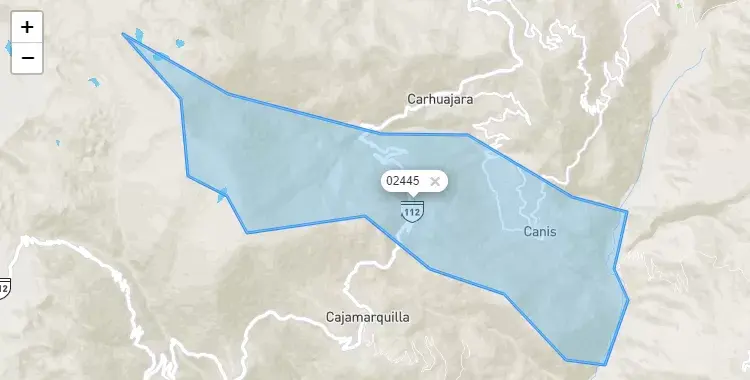 Mapa de la zona del código postal 02445 en Canis, Ancash