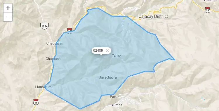 Mapa de la zona del código postal 02489 en Antonio Raymondi, Ancash