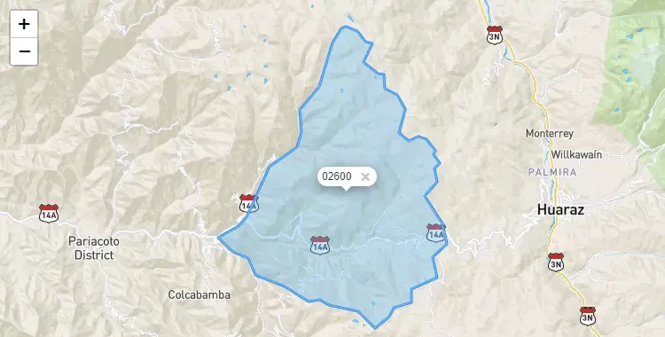 Mapa de la zona del código postal 02600 en Pira, Ancash