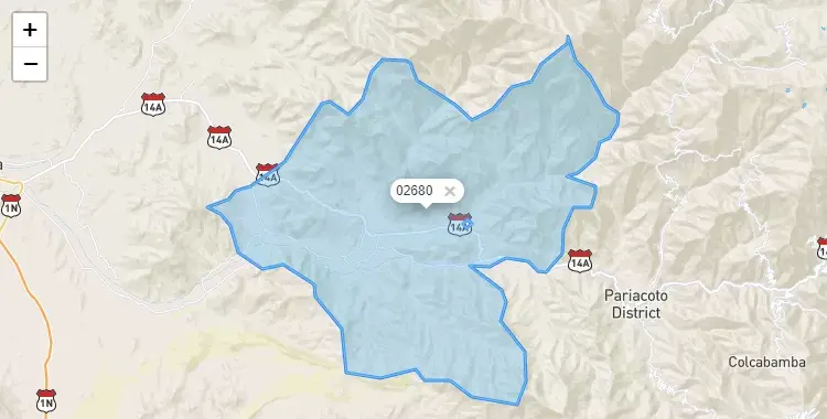 Mapa de la zona del código postal 02680 en Yautan, Ancash