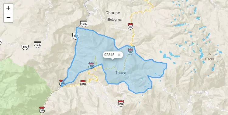 Mapa de la zona del código postal 02845 en Tauca, Ancash
