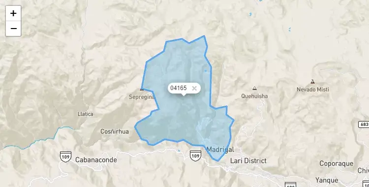 Mapa de la zona del código postal 04165 en Madrigal, Arequipa