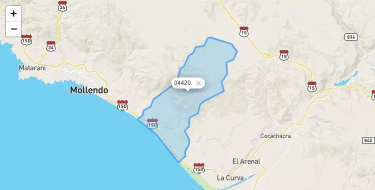 Mapa de la zona del código postal 04420 en Mejía, Arequipa