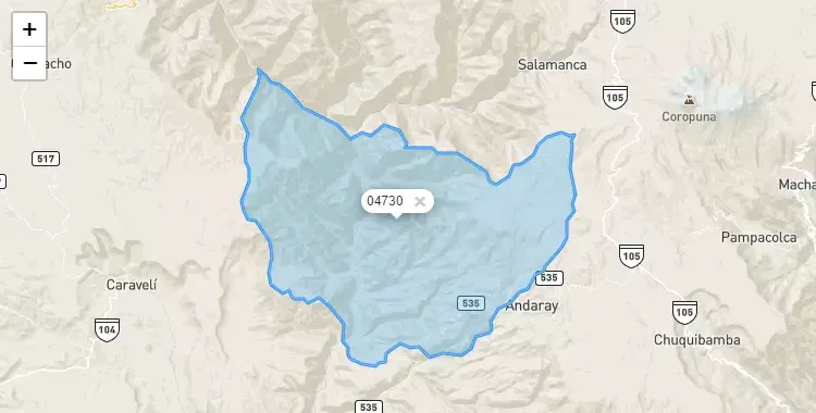 Mapa de la zona del código postal 04730 en Yanaquihua, Arequipa