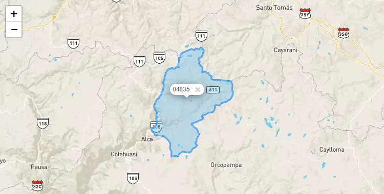 Mapa de la zona del código postal 04835 en Puyca, Arequipa