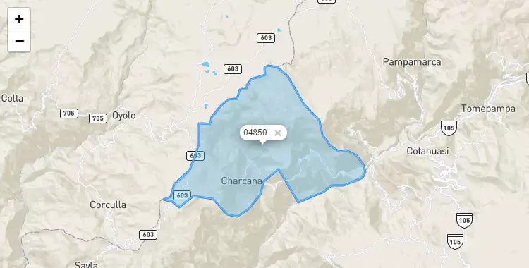 Mapa de la zona del código postal 04850 en Charcana, Arequipa