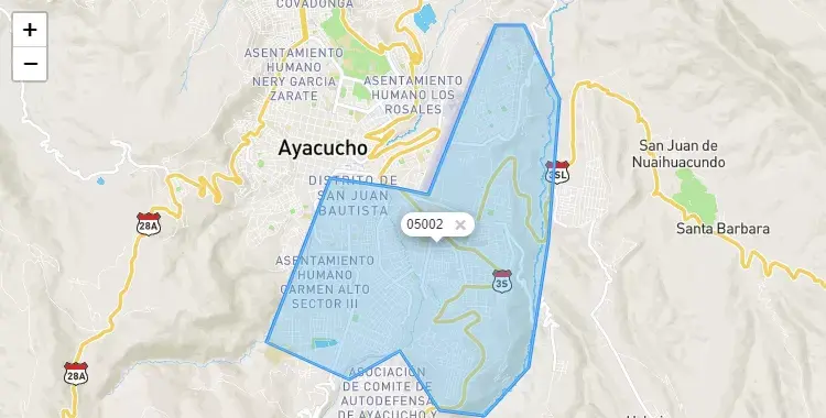 Mapa de la zona del código postal 05002 en San Juan Bautista, Ayacucho