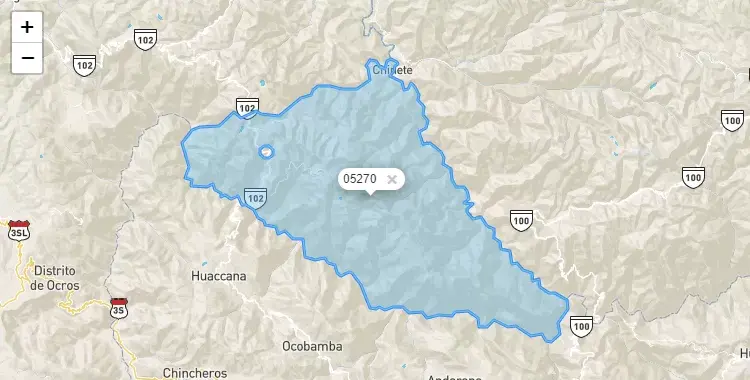 Mapa de la zona del código postal 05270 en Chungui, Ayacucho
