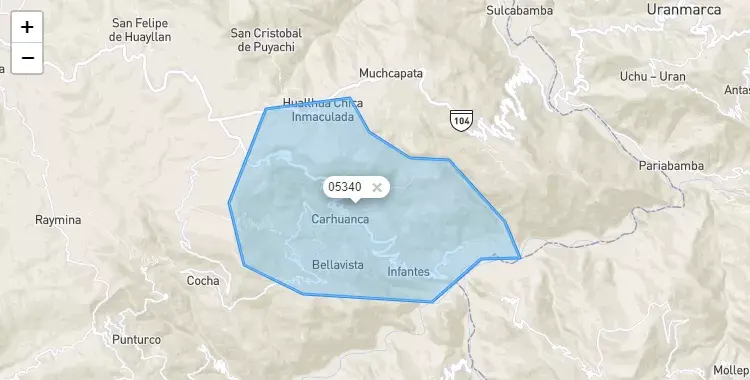 Mapa de la zona del código postal 05340 en Carhuanca, Ayacucho