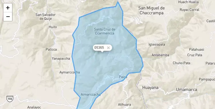 Mapa de la zona del código postal 05365 en Paico, Ayacucho
