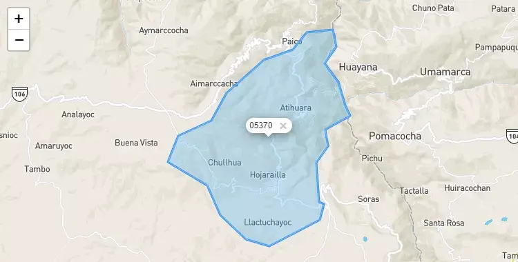 Mapa de la zona del código postal 05370 en Santiago de Paucaray, Ayacucho