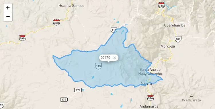 Mapa de la zona del código postal 05470 en Aucará, Ayacucho