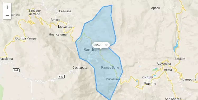 Mapa de la zona del código postal 05520 en San Juan, Ayacucho