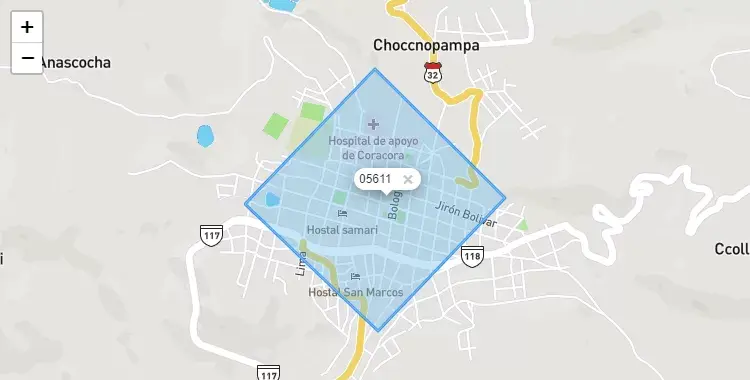 Mapa de la zona del código postal 05611 en Coracora, Ayacucho