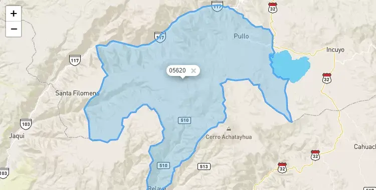 Mapa de la zona del código postal 05620 en Pullo, Ayacucho