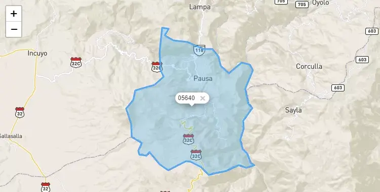 Mapa de la zona del código postal 05640 en Pausa, Ayacucho