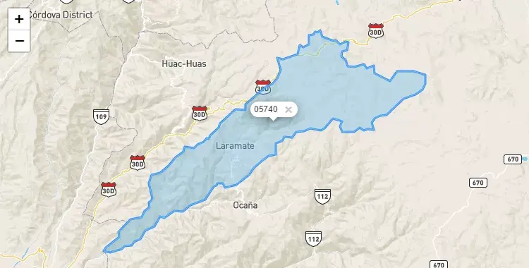 Mapa de la zona del código postal 05740 en Laramate, Ayacucho