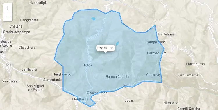 Mapa de la zona del código postal 05830 en Totos, Ayacucho