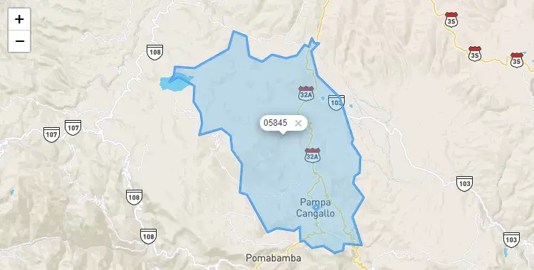 Mapa de la zona del código postal 05845 en Los Morochucos, Ayacucho