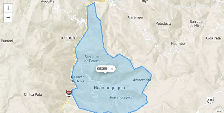 Mapa de la zona del código postal 05855 en Huamanquiquia, Ayacucho