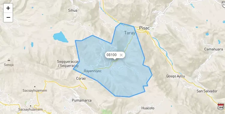 Mapa de la zona del código postal 08100 en Taray, Cuzco