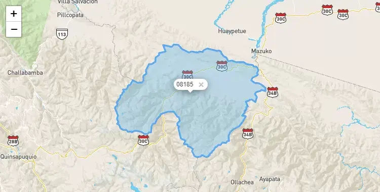 Mapa de la zona del código postal 08185 en Camanti, Cuzco