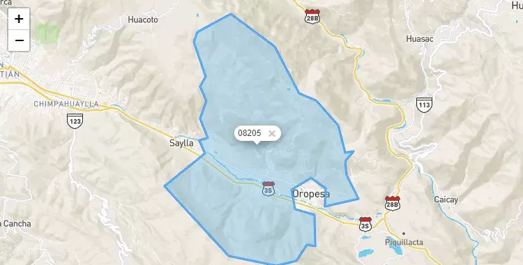 Mapa de la zona del código postal 08205 en Oropesa, Cuzco