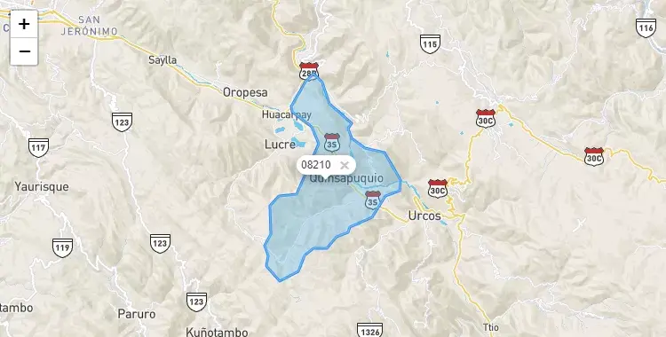 Mapa de Andahuaylillas, capital de la provincia de Quispicanchi, Cuzco