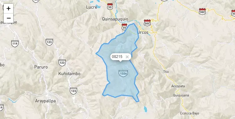 Mapa de la zona del código postal 08215 en Huaro, Cuzco