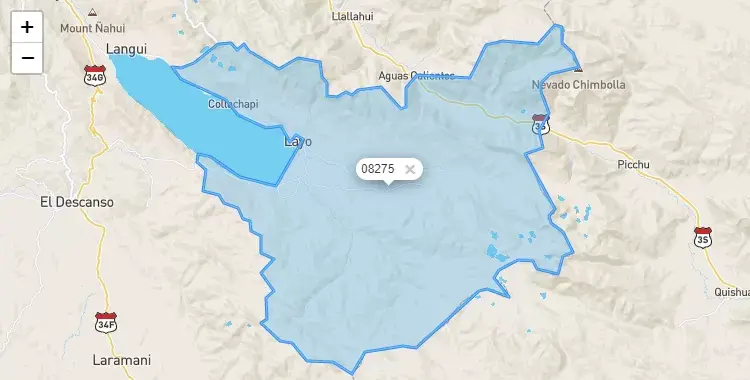 Mapa de la zona del código postal 08275 en Layo, Cuzco