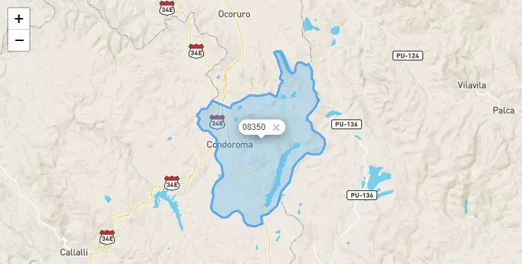 Mapa de la zona del código postal 08350 en Condoroma, Cuzco