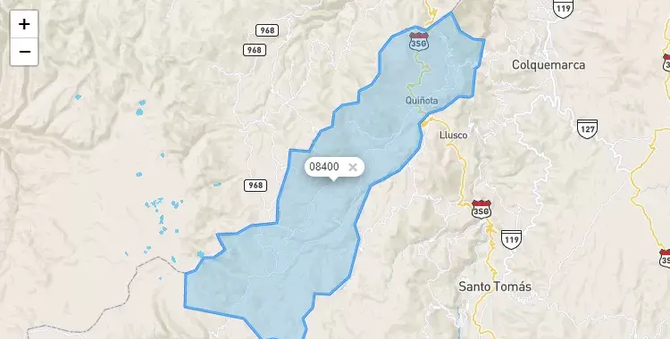 Mapa de la zona del código postal 08400 en Quiñota, Cuzco