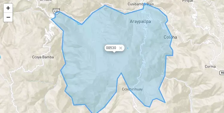 Mapa de la zona del código postal 08530 en Colcha, Cuzco