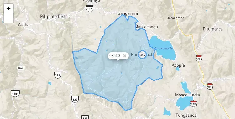 Mapa de la zona del código postal 08560 en Pomacanchi, Cuzco