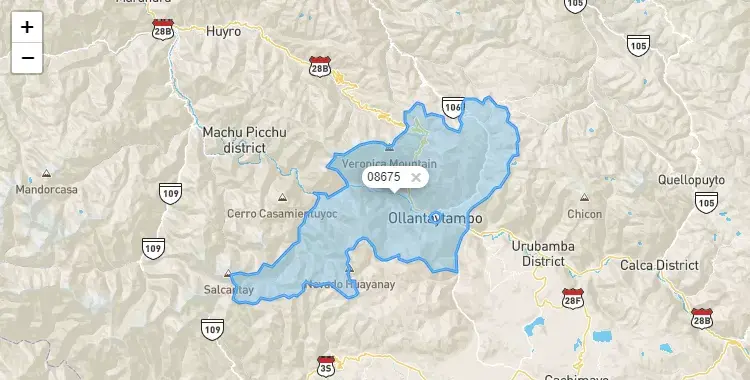Mapa de la zona del código postal 08675 en Ollantaytambo, Cuzco