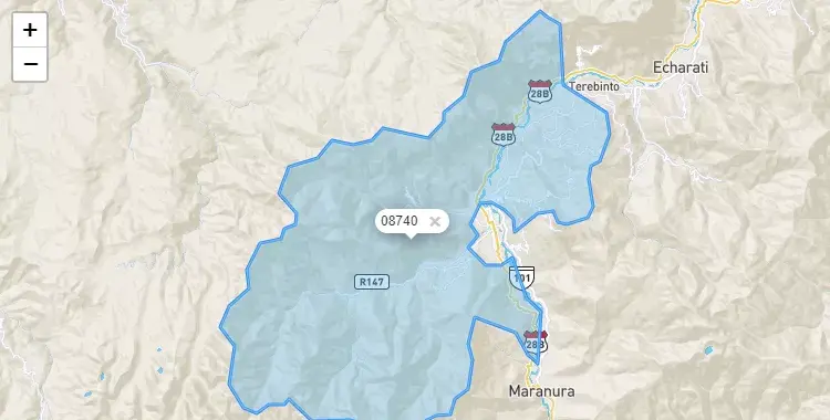 Mapa de la zona del código postal 08740 en Santa Ana, Cuzco