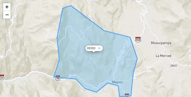 Mapa de la zona del código postal 09360 en San Miguel de Mayocc, Huancavelica