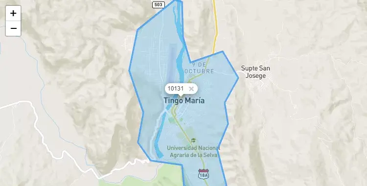 Mapa de la zona del código postal 10131 en Rupa Rupa, Huanuco